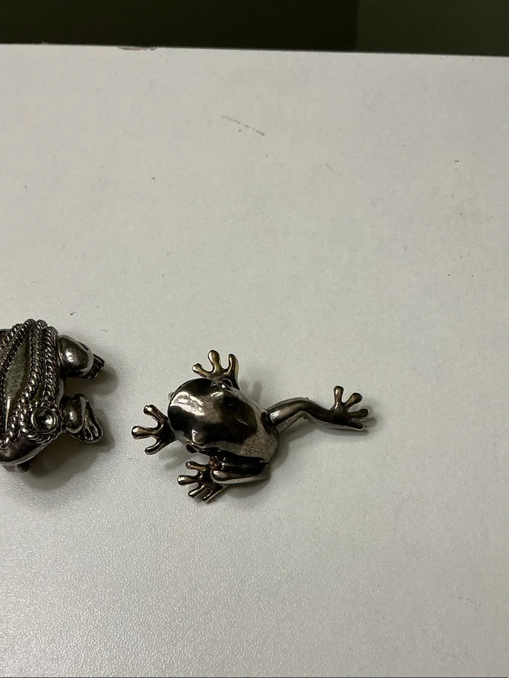 Mexican Silver Hand Crafted Frog Brooch Pendant Set of Two Rhinestones